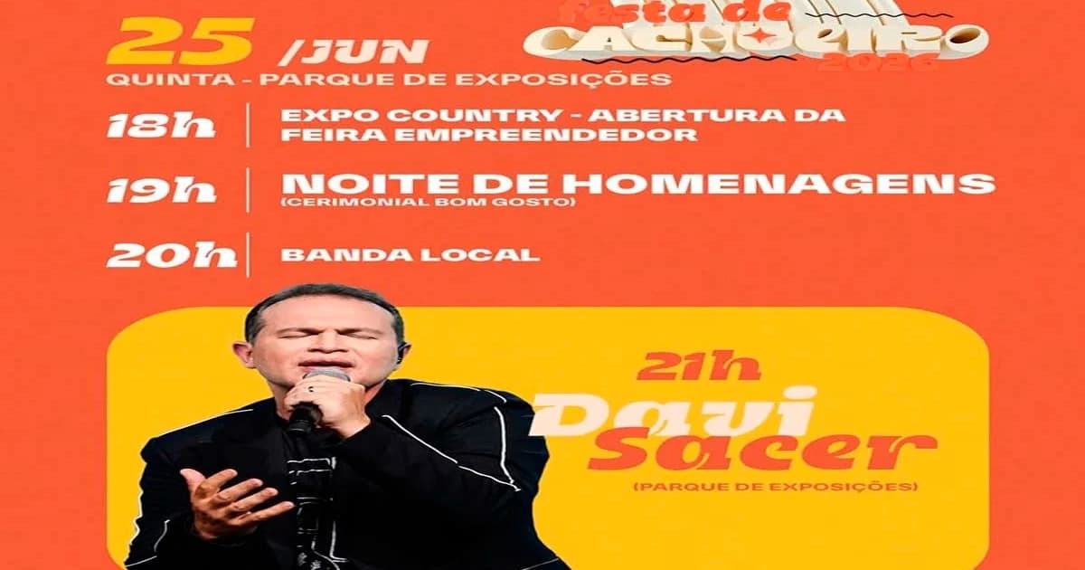 Festa de Cachoeiro 2026 começa nesta quinta-feira com show de Davi Sacer e abertura da Expo Country
