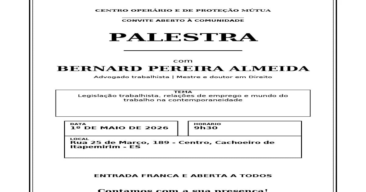 Palestra gratuita marca o Dia do Trabalhador em Cachoeiro