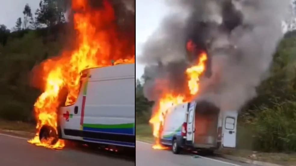 Ambulância com gestante de Ibitirama pega fogo na BR-482 em Alegre