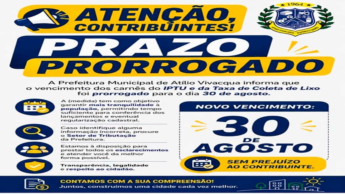Atílio Vivacqua Estende Prazo para IPTU e Taxa de Lixo