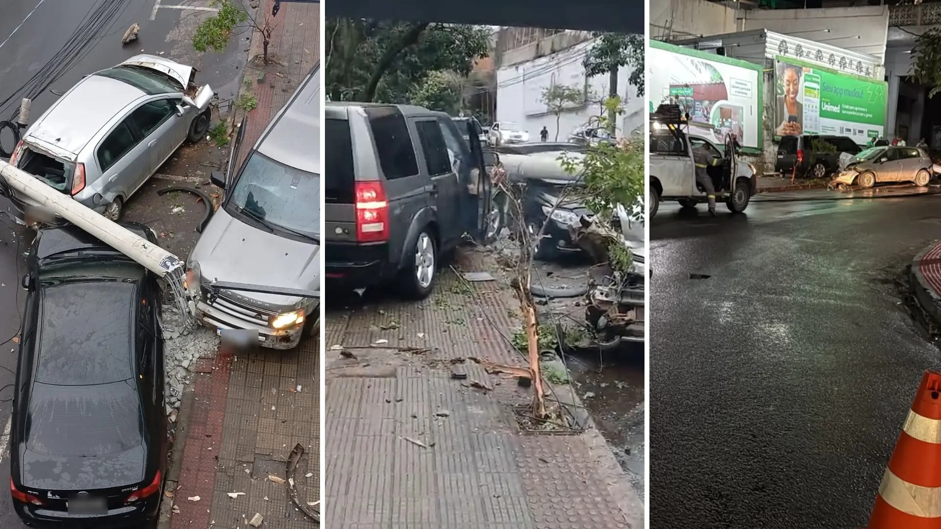 Land Rover perde o controle, derruba poste e atinge dois carros em Cachoeiro